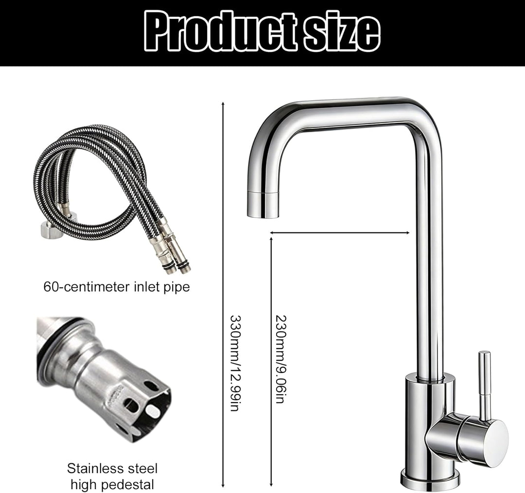 Silber Wasserhahn Küche aus Edelstahl, Küchenarmatur mit 60cm Zulaufschlauch, Mischbatterie Küche, 3
