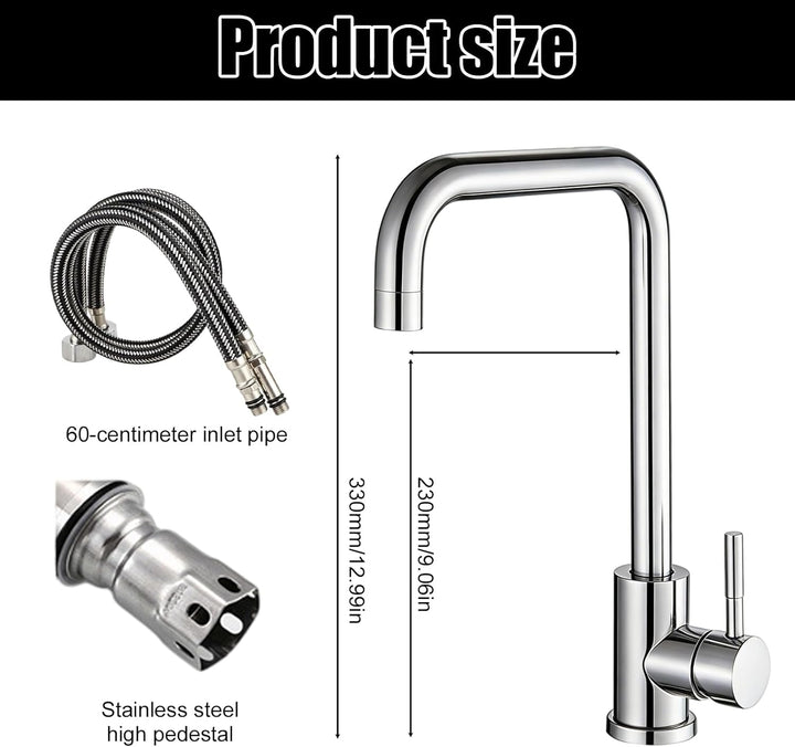 Silber Wasserhahn Küche aus Edelstahl, Küchenarmatur mit 60cm Zulaufschlauch, Mischbatterie Küche, 3