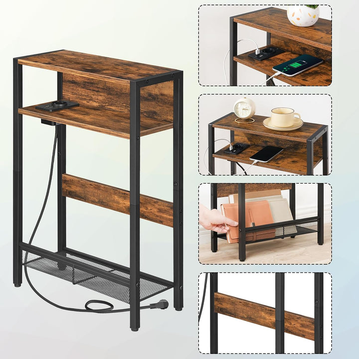 CHOEZON Beistelltisch Schmal, Sofatisch mit Ladestation, Nachttisch mit 2 Holzwerkstoffplatten und 1