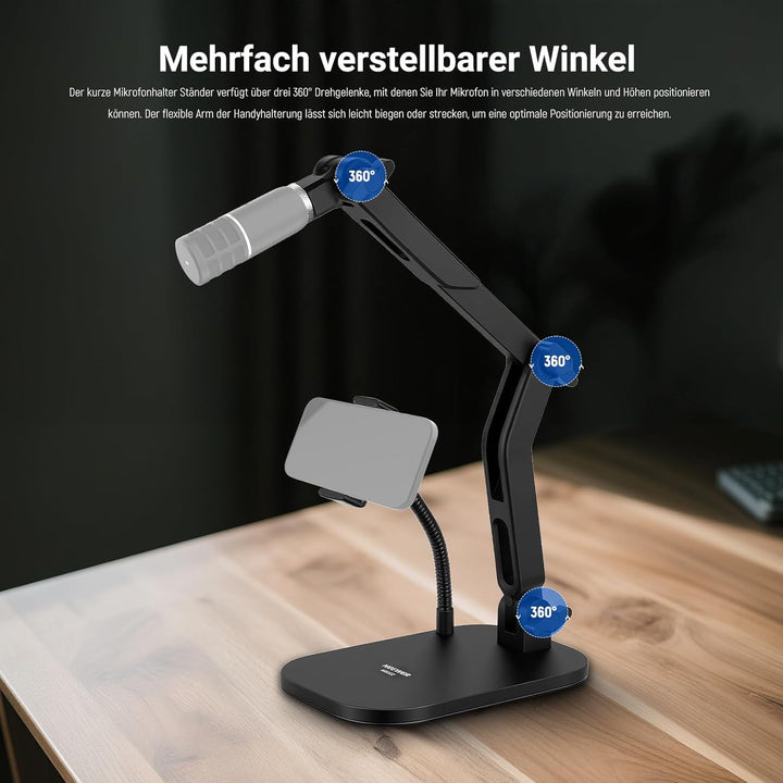 NEEWER Microphone Stand, Tisch Mikrofonständer mit Handyhalterung flexiblem Arm, verstellbare Mikrof