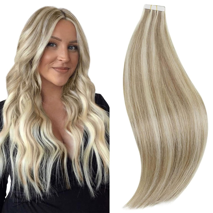 RUNATURE Tape in Extensions Braun Blond 55cm Echthaar Extensions Tape in 50g Tape Extensions Echthaa