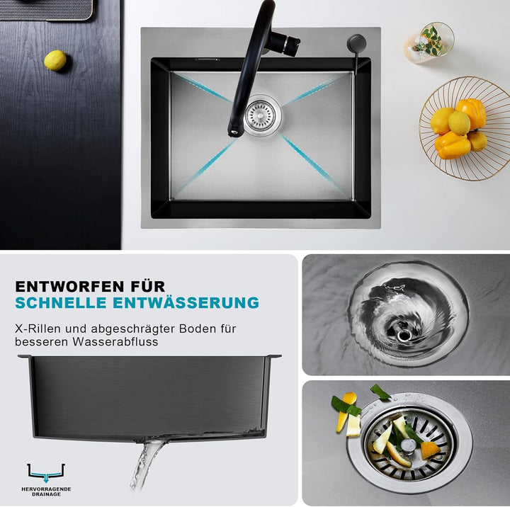 KEOKBON Spülbecken Küche Edelstahl Schwarz Anthrazit 60 x 50cm, Rechteckig Küchenspüle für 60cm brei