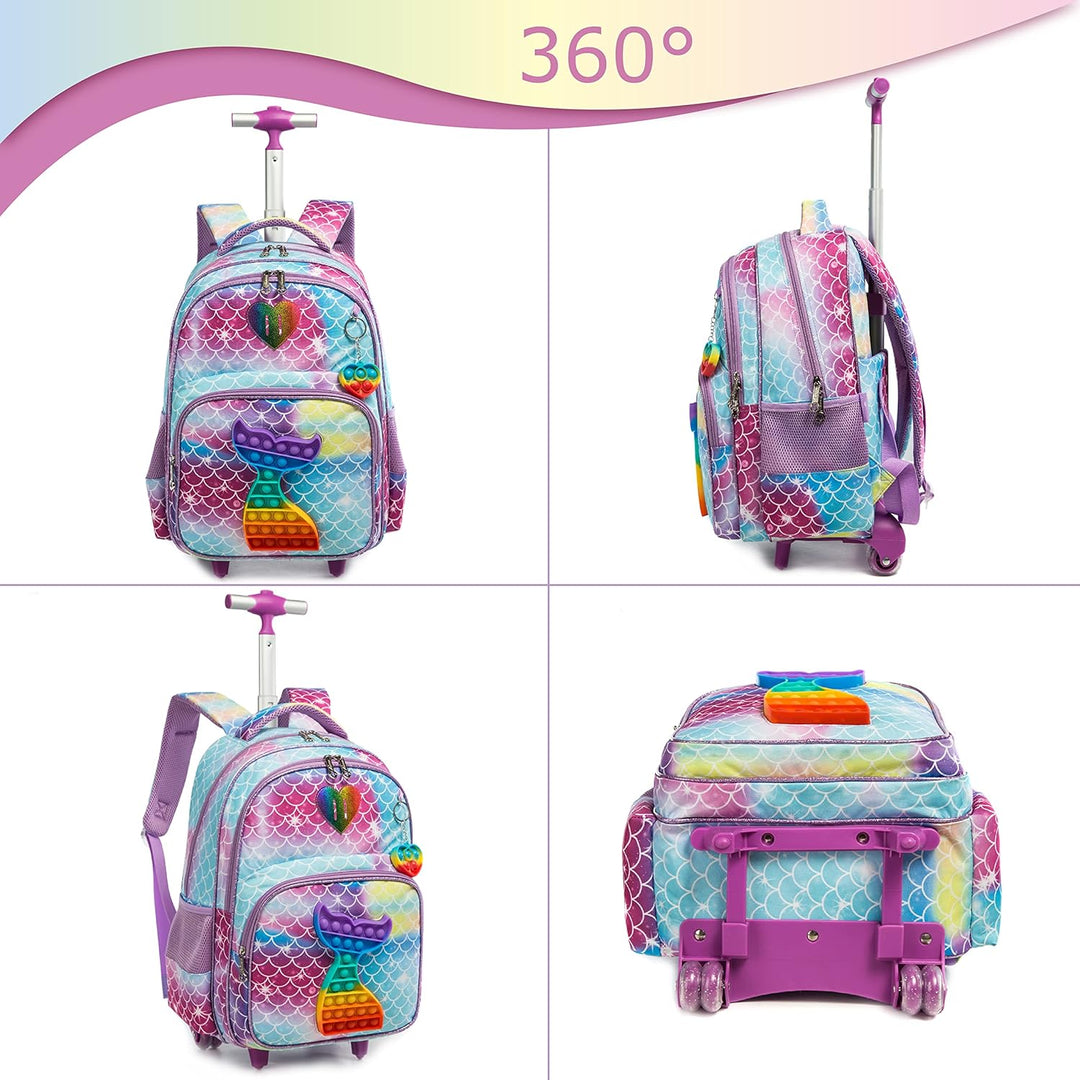 HTgroce Rollrucksack Schulranzen mit Rollen für Mädchen Pop it Rucksack 16 Zoll Set 3 in 1 mit Lunch