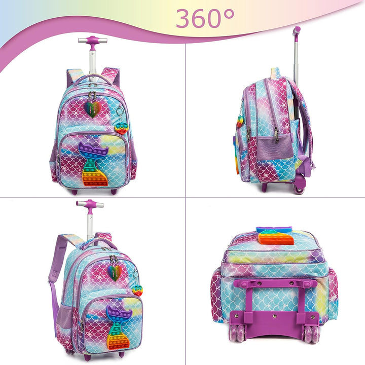 HTgroce Rollrucksack Schulranzen mit Rollen für Mädchen Pop it Rucksack 16 Zoll Set 3 in 1 mit Lunch