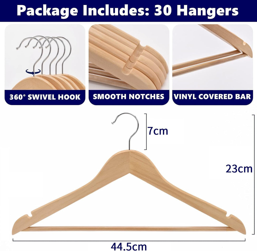 Amber Home 30 Stück 44,5cm Natürliche Kleiderbügel aus Holz mit Stange und Nut, Robust Aufhänger für