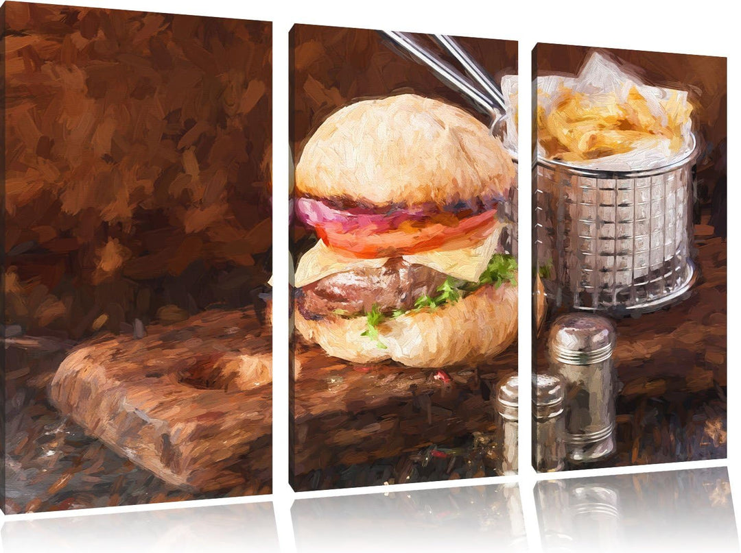Pixxprint Cheesburger mit Pommes als Leinwandbild/Grösse: 3 Teilig (120x80) cm/Wandbild/Kunstdruck/f