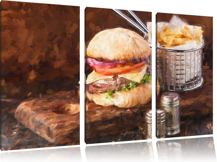 Pixxprint Cheesburger mit Pommes als Leinwandbild/Grösse: 3 Teilig (120x80) cm/Wandbild/Kunstdruck/f