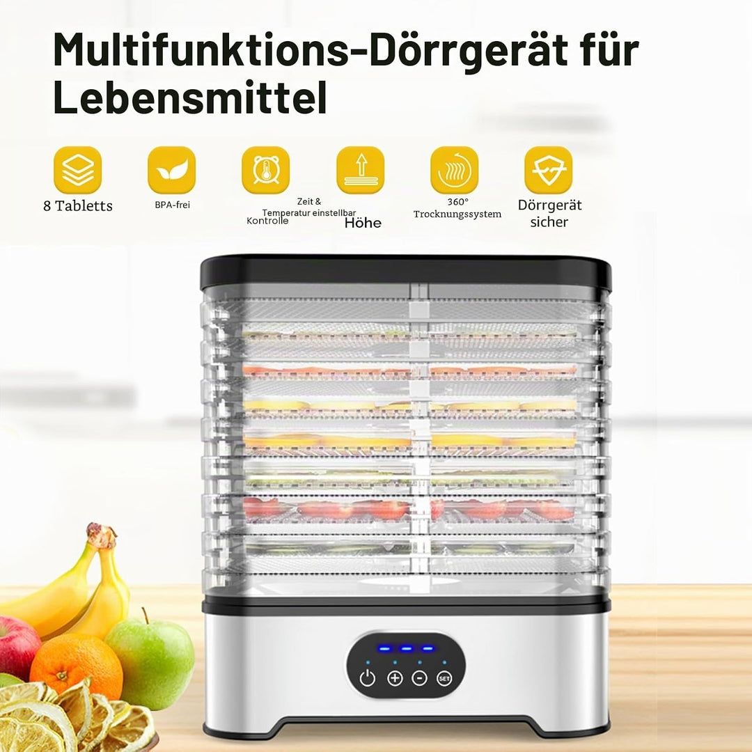 Dörrgerät für Lebensmittel, 8 Etagen, Temperaturkontrolle von 42 °C – 70 °C und Timer für 72 Stunden