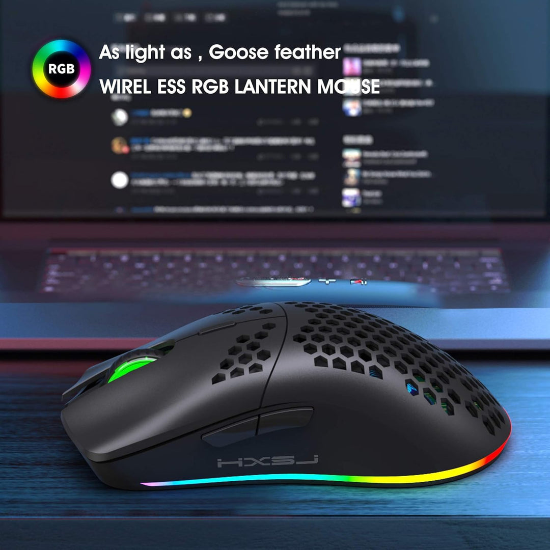 Drahtlose Gaming Maus, 2,4G Superleichte Wabenschale Ergonomische RGB-Mäuse mit 750mAh Akku, Energie