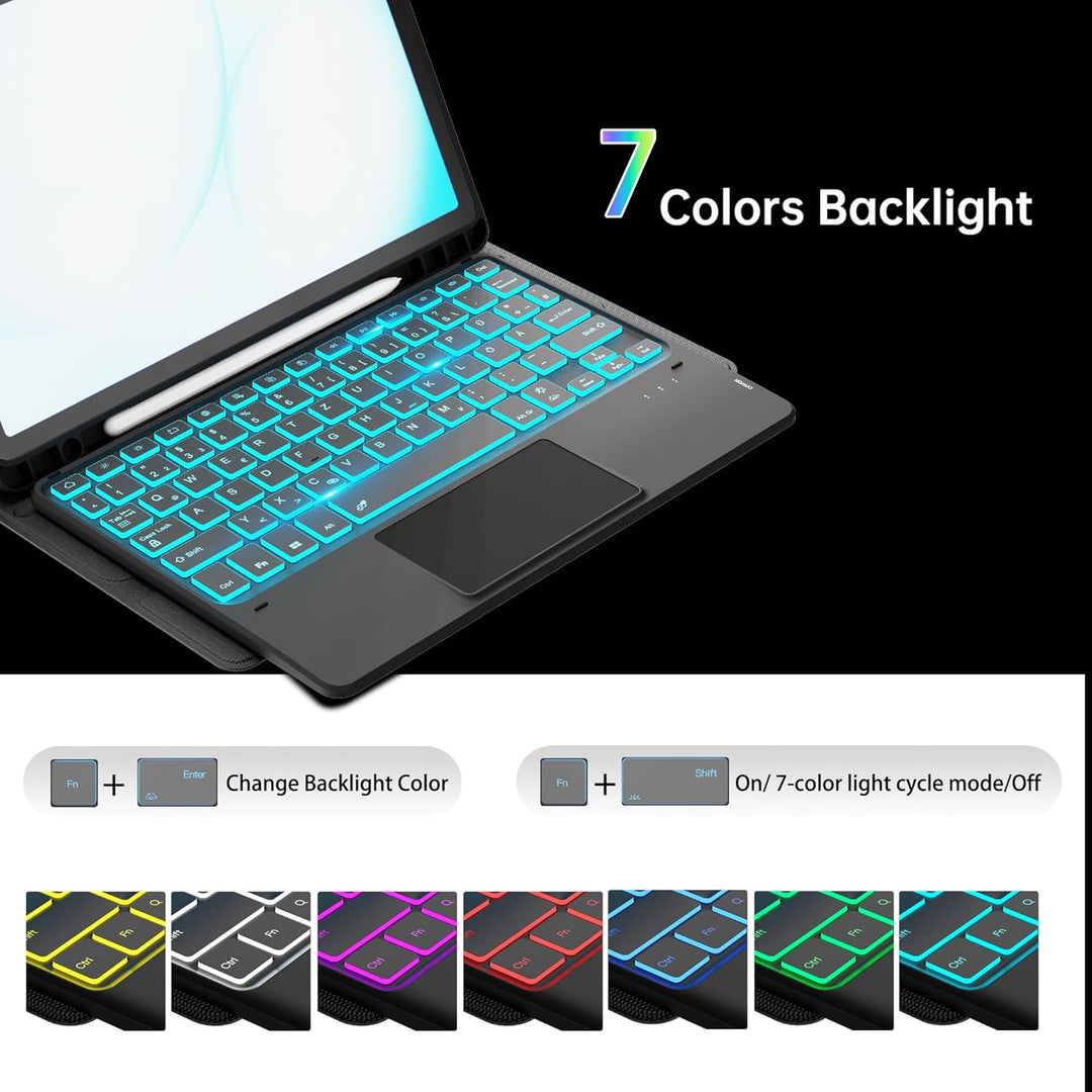 ROOFEI Für Galaxy Tab A11+/A9+ Hülle mit Tastatur - 7 Farben Beleuchtung Abnehmbare Trackpad Tablet