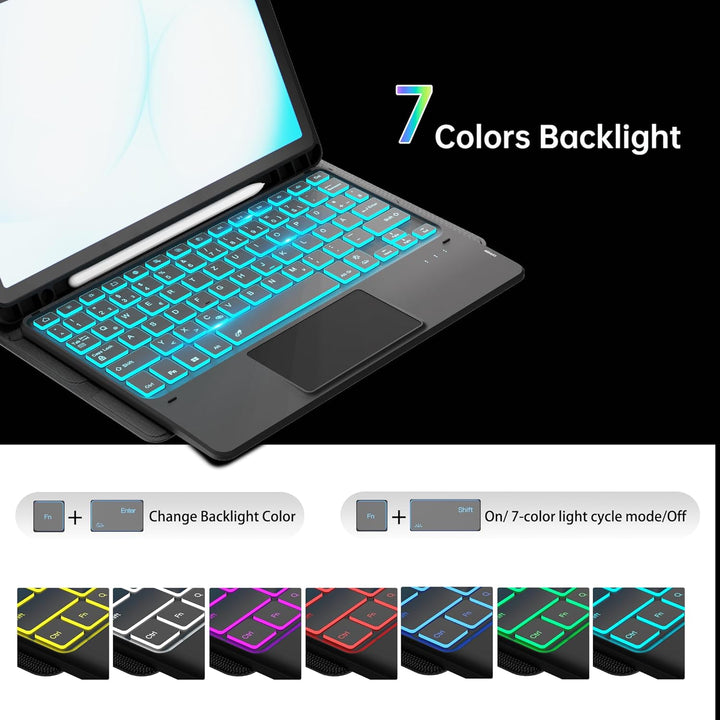 ROOFEI Für Galaxy Tab A11+/A9+ Hülle mit Tastatur - 7 Farben Beleuchtung Abnehmbare Trackpad Tablet