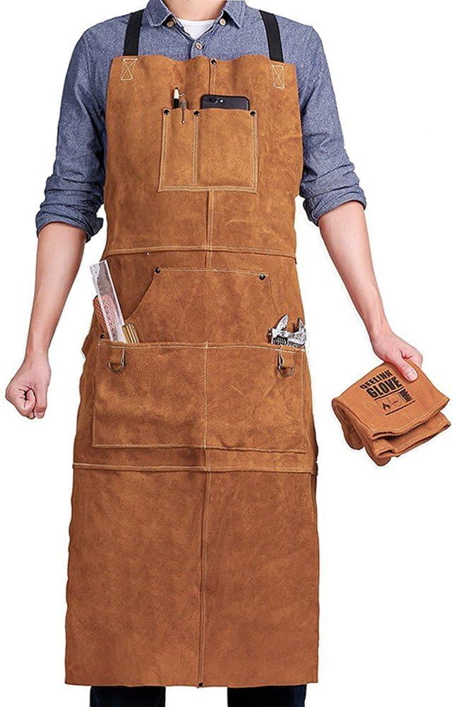 Lederschürze Für Holzarbeiten, Lederschürze 6 Werkzeugtaschen, Robuste Schweissschürze Für Männer Un