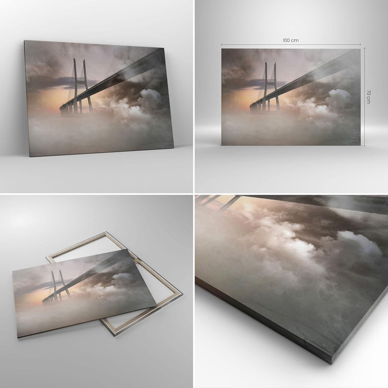 Bilder auf Leinwand 100x70cm Leinwandbild mit Rahmen Brücke Nebel Wasser Gross Wanddeko Bild Schlafz