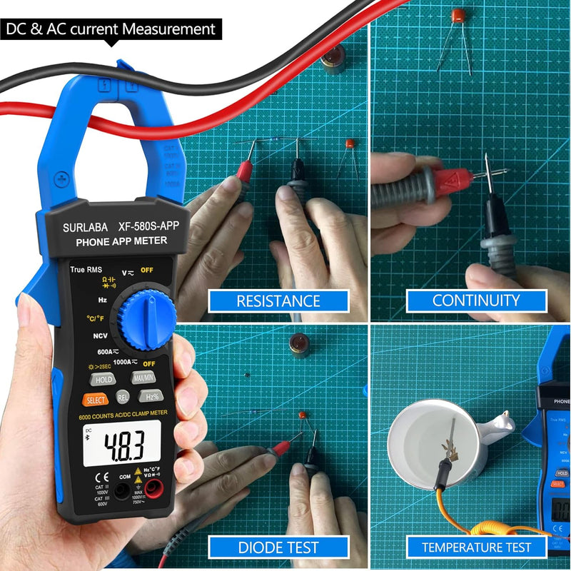 Bluetooth Strommesszange, AC DC Digital Clamp Meter 6000Count TRMS, NCV Voltmeter Amperemeter Ohmmet