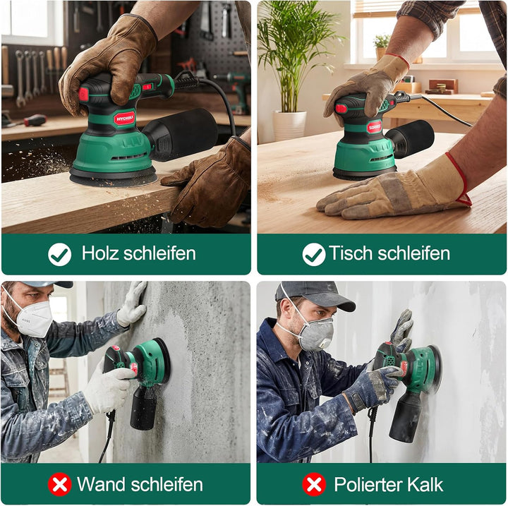 SORAKO Exzenterschleifer 350W 125MM,6 Geschwindigkeiten,16 Schleifpapiere, Staubsammlung Schnellbrem