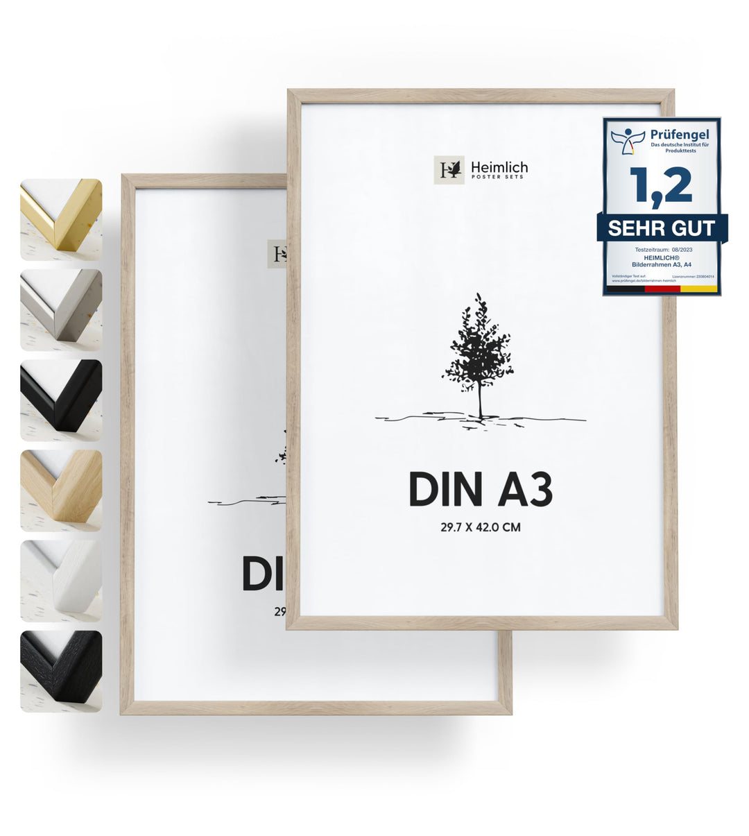Heimlich® 2x Bilderrahmen DIN A3 30x42 cm Eiche Holz Rahmen 2-Pack | Dokumentenrahmen 29,7x42 cm Gro