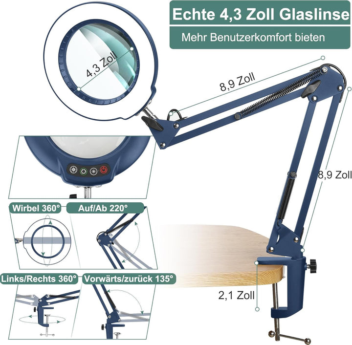 Veemagni 10X Echtes Glas Lupe mit Licht, 5 Farbmodi Stufenlos Dimmbar, Verstellbarer Schwenkarm LED