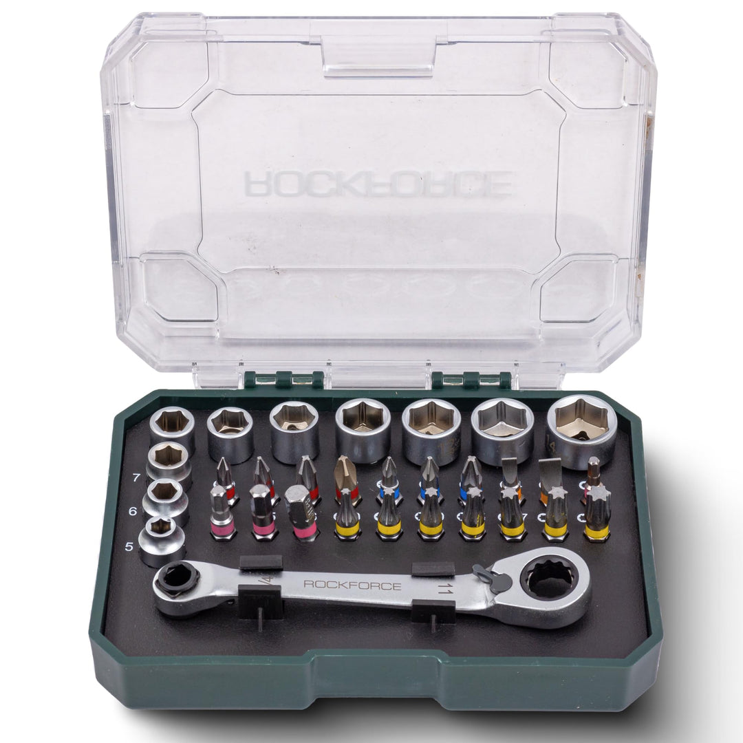 Rockforce 31-tlg 1/4'' Steckschlüsselsatz – Ratsche, 6-Kant Nüsse, Bit- & Schraubendreher-Set aus Cr