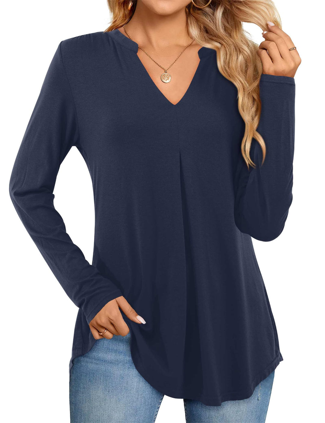 Beluring Damen Oberteile Kurzarm/Langarm Elegant T-Shirt V-Ausschnitt Plissee Top Einfarbig Longshir