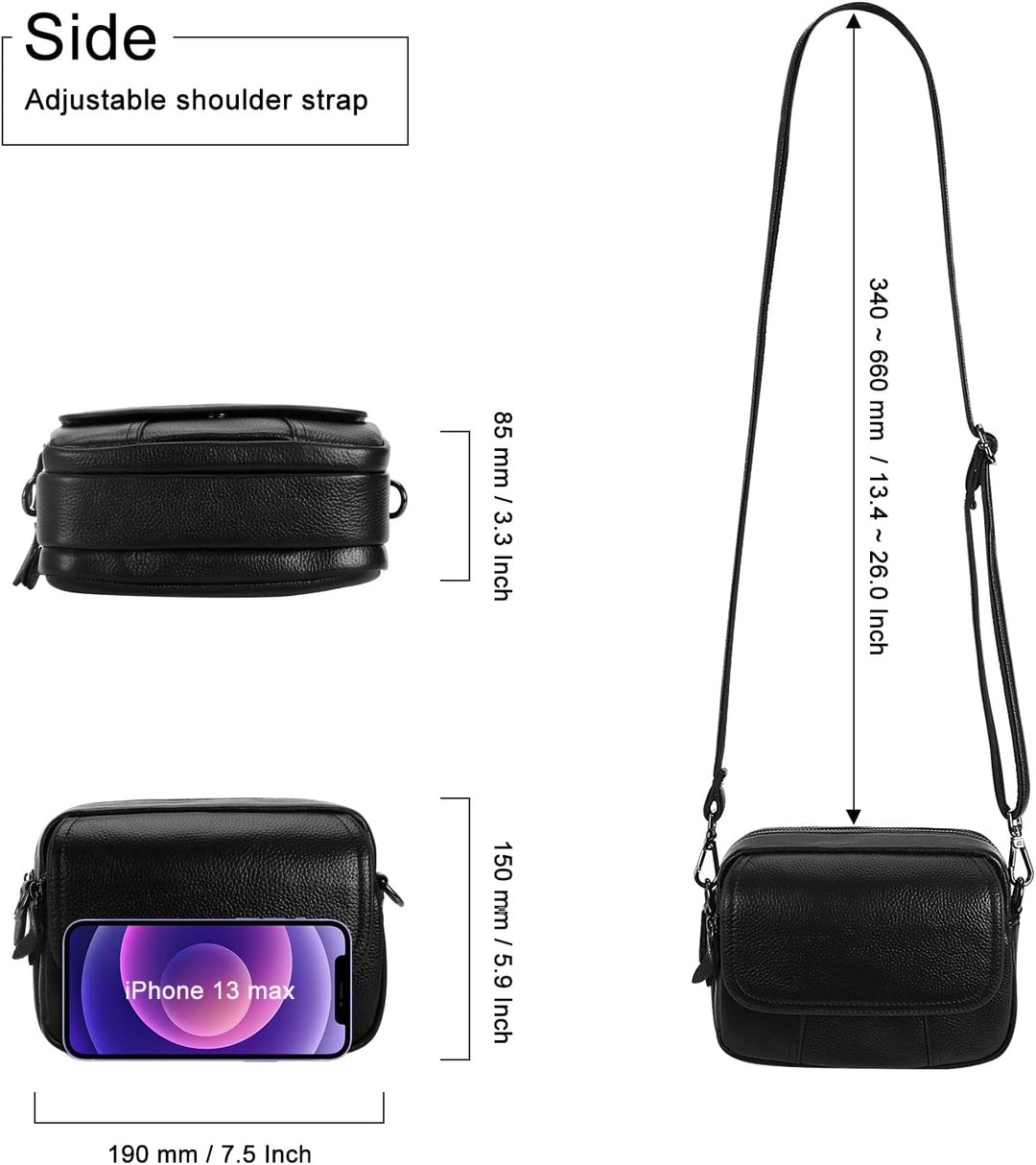 HAWEE Damen Handy Umhängetasche Echtes Leder Crossbody Schultertasche mit 3 Reissverschlüsse Kleine