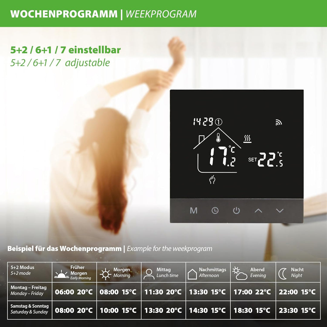 TH215 WiFi Thermostat Raumregler mit Tuya Smart App – für elektrische Fussbodenheizung, NC/NO Stella