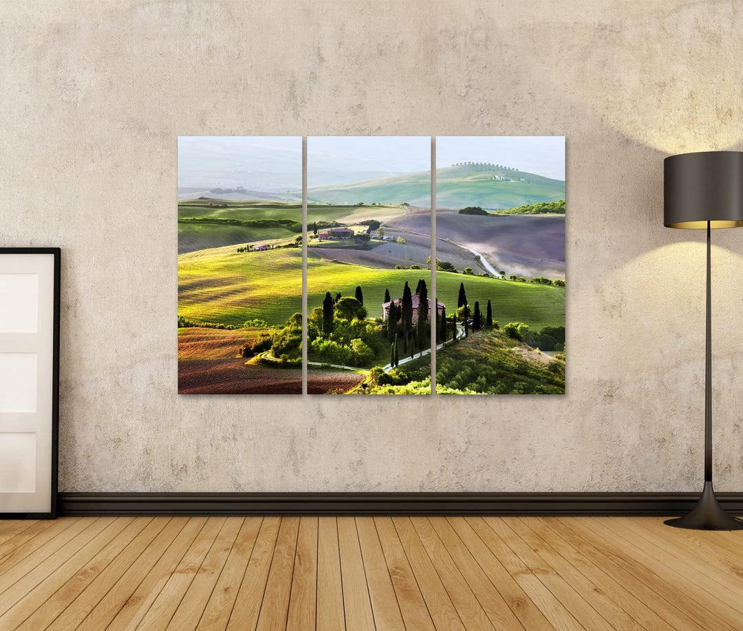 islandburner Bild auf Leinwand Toskana Landschaft Sonnenaufgang Bauernhaus Weinberg Bilder Wandbilde