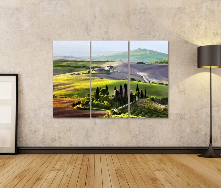 islandburner Bild auf Leinwand Toskana Landschaft Sonnenaufgang Bauernhaus Weinberg Bilder Wandbilde