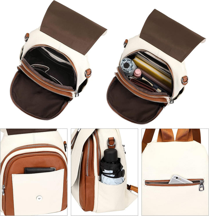 ALTOSY Weiches Echtes Leder Rucksack Tasche Damen Convertible Rucksäcke Umhängetasche (S85 Beige/Bra