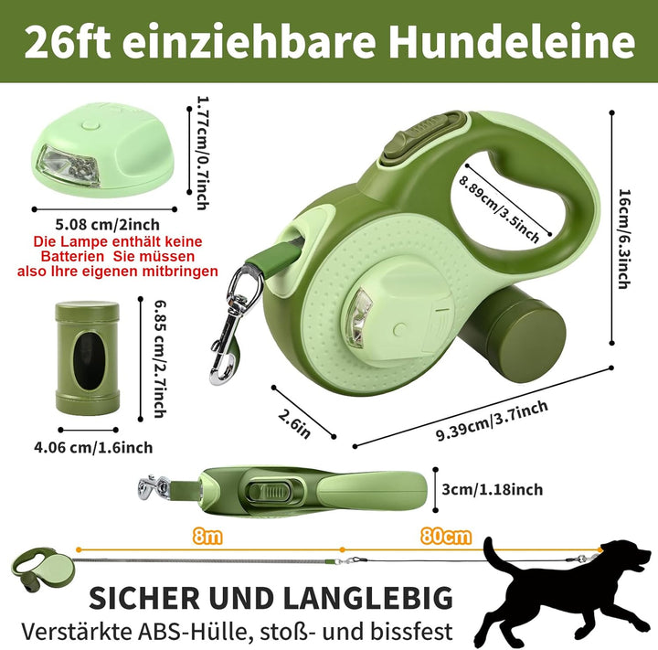 8M Lange einziehbare Hundeleine mit LED-Licht, Pecute Hundeleine mit Kotbeutelhalterung 360° Verhedd