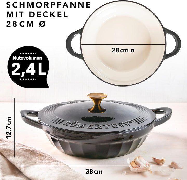 Römertopf Schmorpfanne Gusseisen 28 cm 2,4 L mit Deckel, Anthrazit, Anthrazit