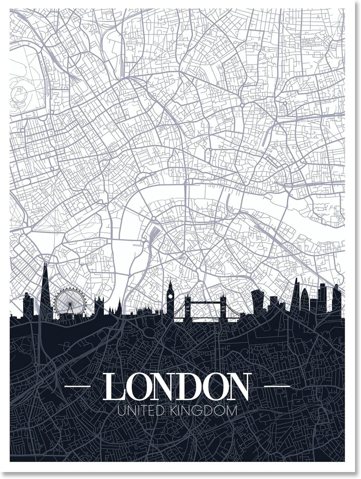 wandmotiv24 Stadt Karte als Leinwandbild, 60x45cm, Hochformat, London, England, Grossbritannien, Sky