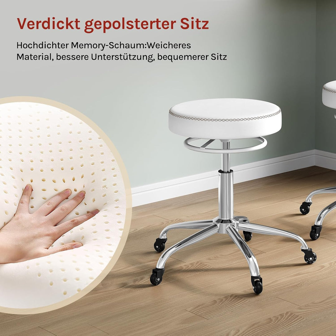 WOLTU Rollhocker höhenverstellbar, Bürohocker 360° drehbar, Weiss | Drehhocker mit Rollen, runder Ho