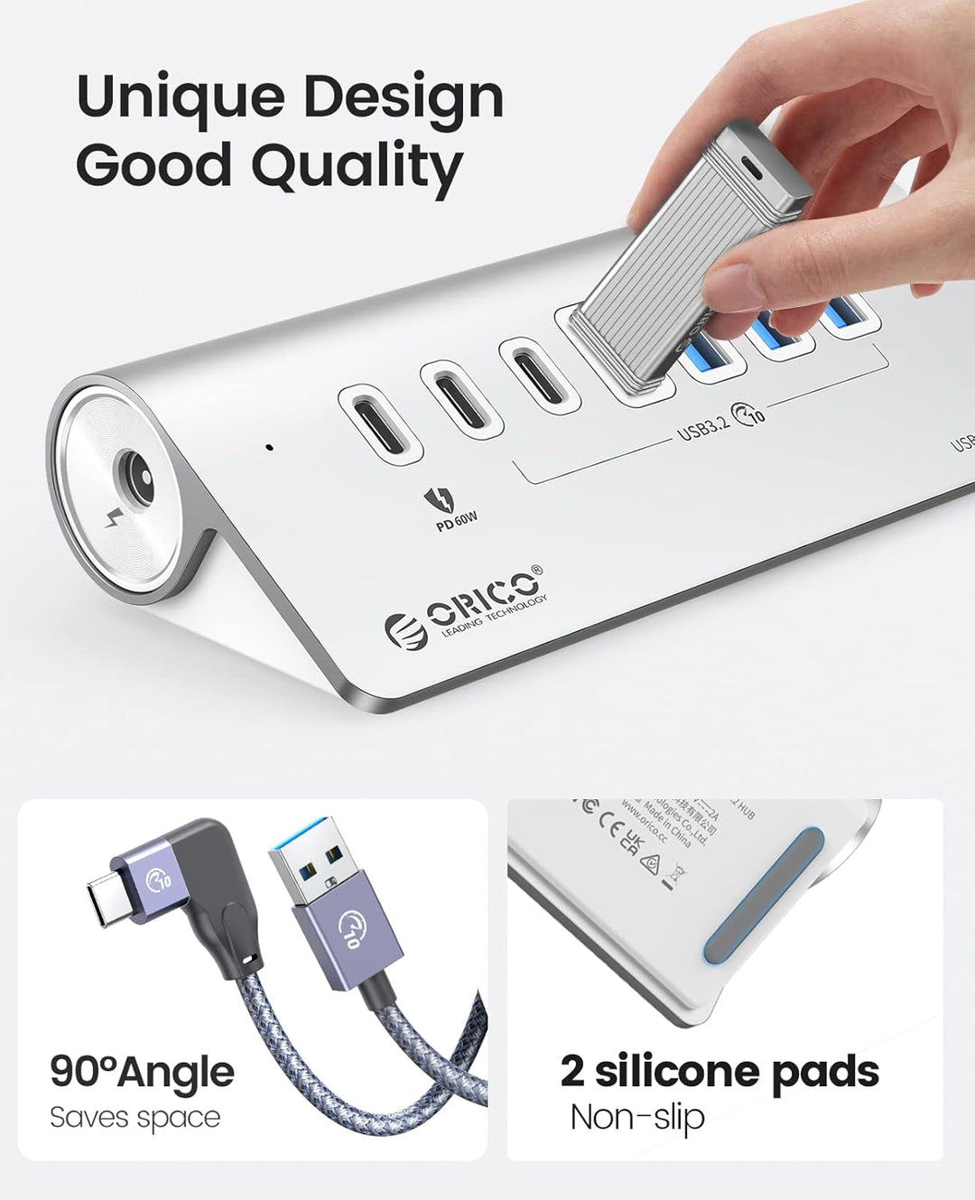 USB-Hub, ORICO USB-C-Hub, 3.2 Gen 2, Stromversorgung mit 7 Ports, 10 Gbit/s mit 4 USB C, 2 USB A, PD
