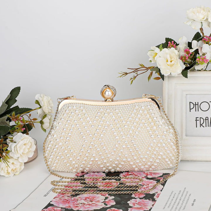 BAIGIO Perlen Damen Clutch Beige Abendtasche Brauttasche Elegant Handtasche Luxury Clutch für Mädceh