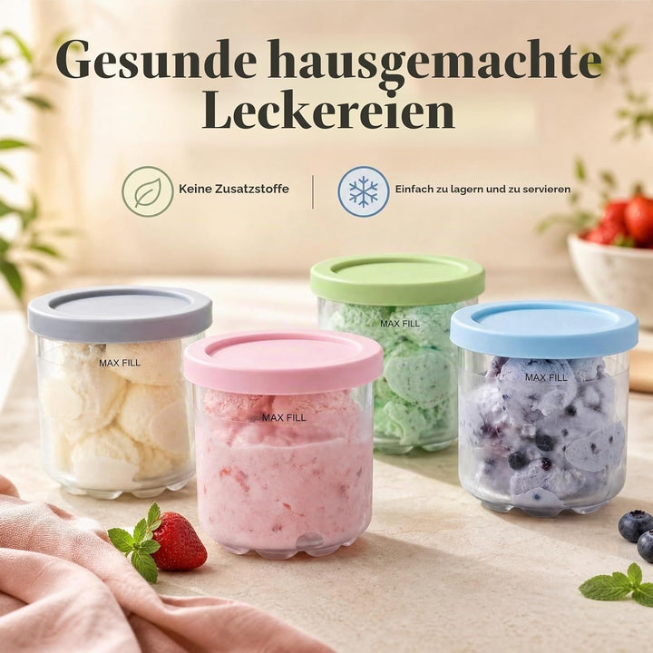 4er-Set Ersatzbehälter Mit 4 Löffel, 473ml Eisbehälter Und Abdeckung, Kompatibel Mit Ninja Creami NC