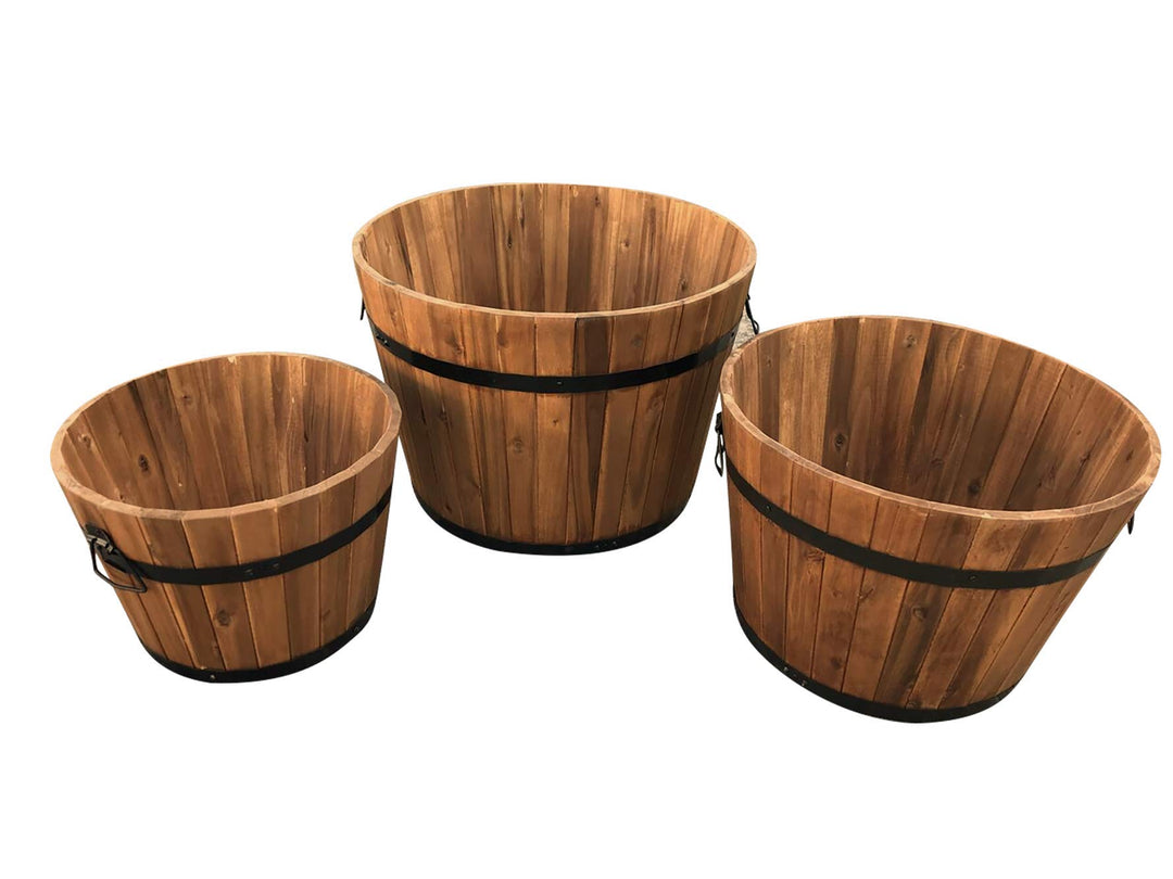 Set von 3 halbes Fass Holz Hartholz massiv rund Garden Blume Pflanzschalen Blumentöpfe