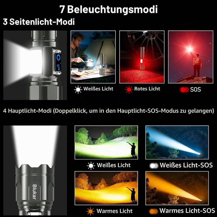 Blukar Taschenlampe LED 2 Farbtemperatur mit Hauptlicht &amp; Seitlich COB-Licht, Aufladbar Extrem Hell