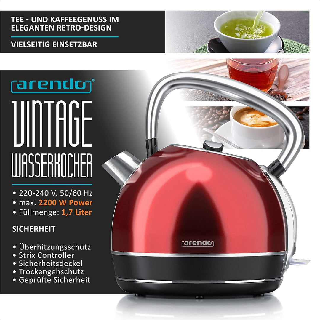Arendo - Wasserkocher Retro Edelstahl Teekessel im Vintage Style - max. 2200 Watt - austauschbarer K