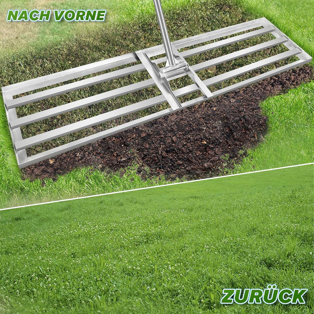 Rasen Nivellierrechen, 75x25 cm Edelstahl Garten Rasenrakel, Rasenrechen mit 180 cm Verlängertem Gri