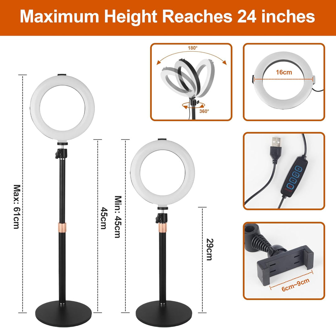 Ringlicht mit Stativ, 6 Zoll LED Ring Light mit 3 Lichtfarben und 10 Helligkeiten, Selfie Licht für