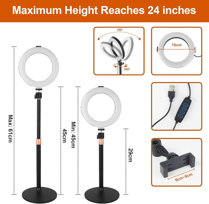 Ringlicht mit Stativ, 6 Zoll LED Ring Light mit 3 Lichtfarben und 10 Helligkeiten, Selfie Licht für