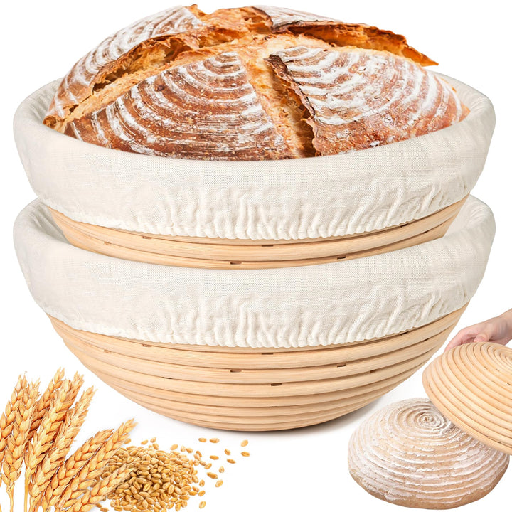 Gärkörbchen Set 2-teilig, 9 Zoll Rundes Gärkorb Brot mit Leinen-Einsätzen - aus Hohe Qualität Rattan
