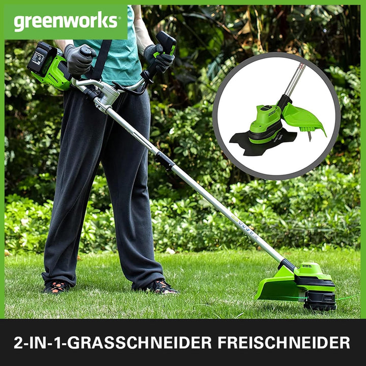 Greenworks GD24X2BCBK4x Akku Freischneider mit bürstenlosem Motor, Geschirr, Motorradgriff, 38 cm Sc