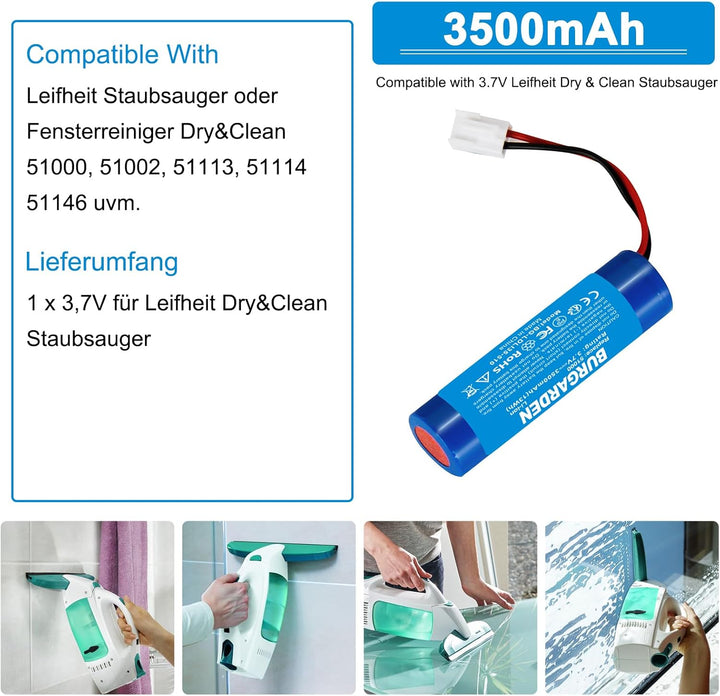 3.7V 3500mAh Li-ion Akku für Fenster-Reiniger, Ersatzakku Leifheit Dry&amp;Clean 51000, 51002, 51113, 51