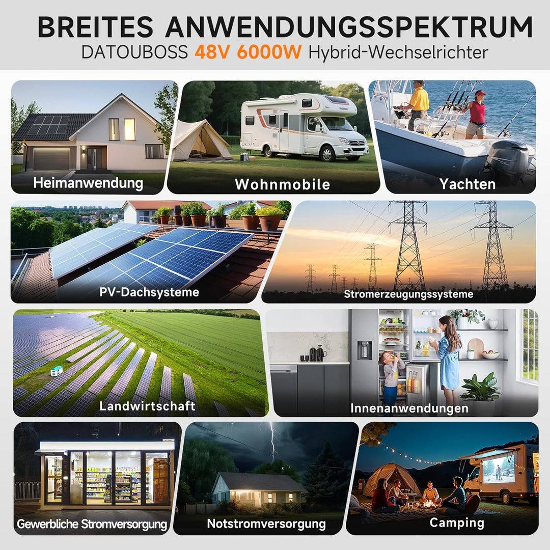 DATOUBOSS 6000W Hybrid Solar Wechselrichter 48V, Reiner Sinus, PV-Array bis 8000W, integrierter 120A