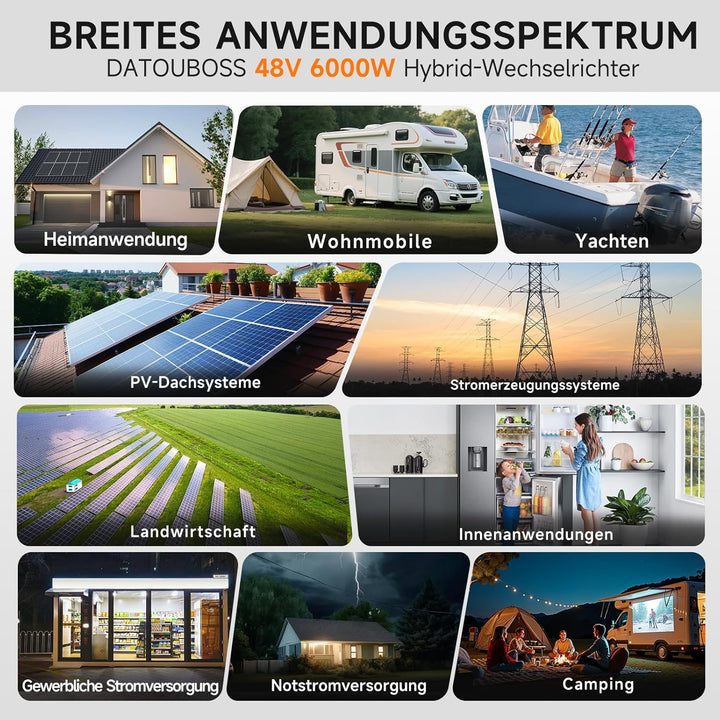 DATOUBOSS 6000W Hybrid Solar Wechselrichter 48V, Reiner Sinus, PV-Array bis 8000W, integrierter 120A