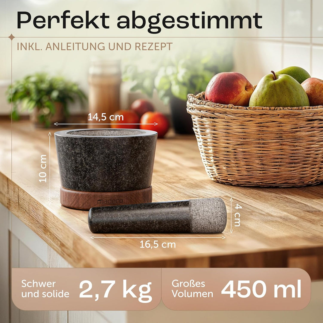 madeco Mörser mit Stössel Granit auf Holzsockel Nussbaum Ø 14,5 cm - Perfekt geeignet für Gewürze, K