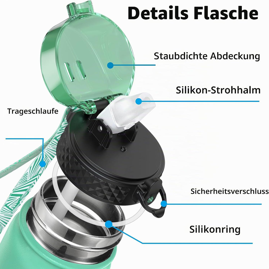 OLDLEY Edelstahl Trinkflasche mit Strohhalm, 1L Isolierte Trinkflasche, Thermosflasche BPA-freie - A