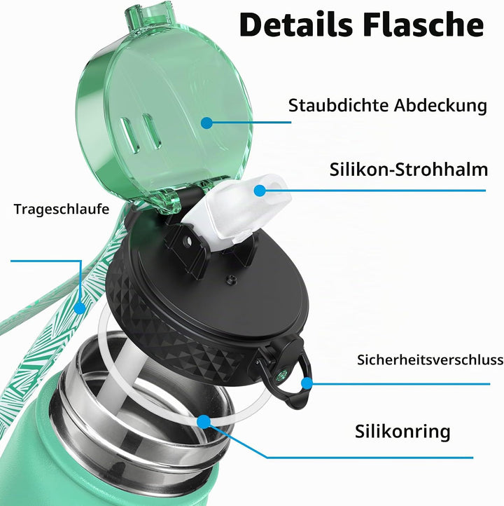 OLDLEY Edelstahl Trinkflasche mit Strohhalm, 1L Isolierte Trinkflasche, Thermosflasche BPA-freie - A