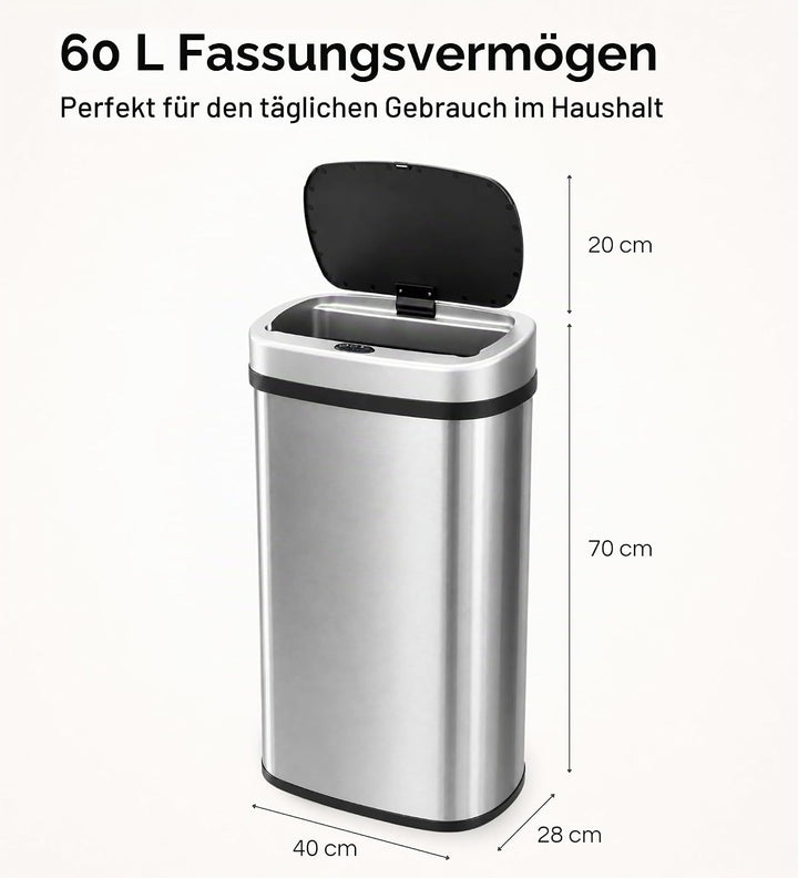 Five Stars® Abfalleimer mit Sensor - 60 Liter - Abfallbehälter aus Edelstahl - Mülleimer - Soft-clos